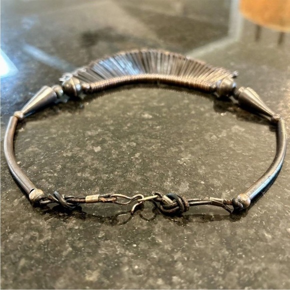 Vintage Mid-Century Modern MCM Boho Bohemian Art Deco Brass Leather Bib Necklace - Picture 5 of 8